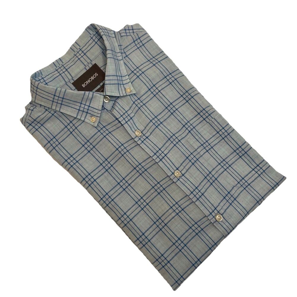 Bonobos Men’s Blue Plaid Standard Fit Dress Button Up Lightweight - L